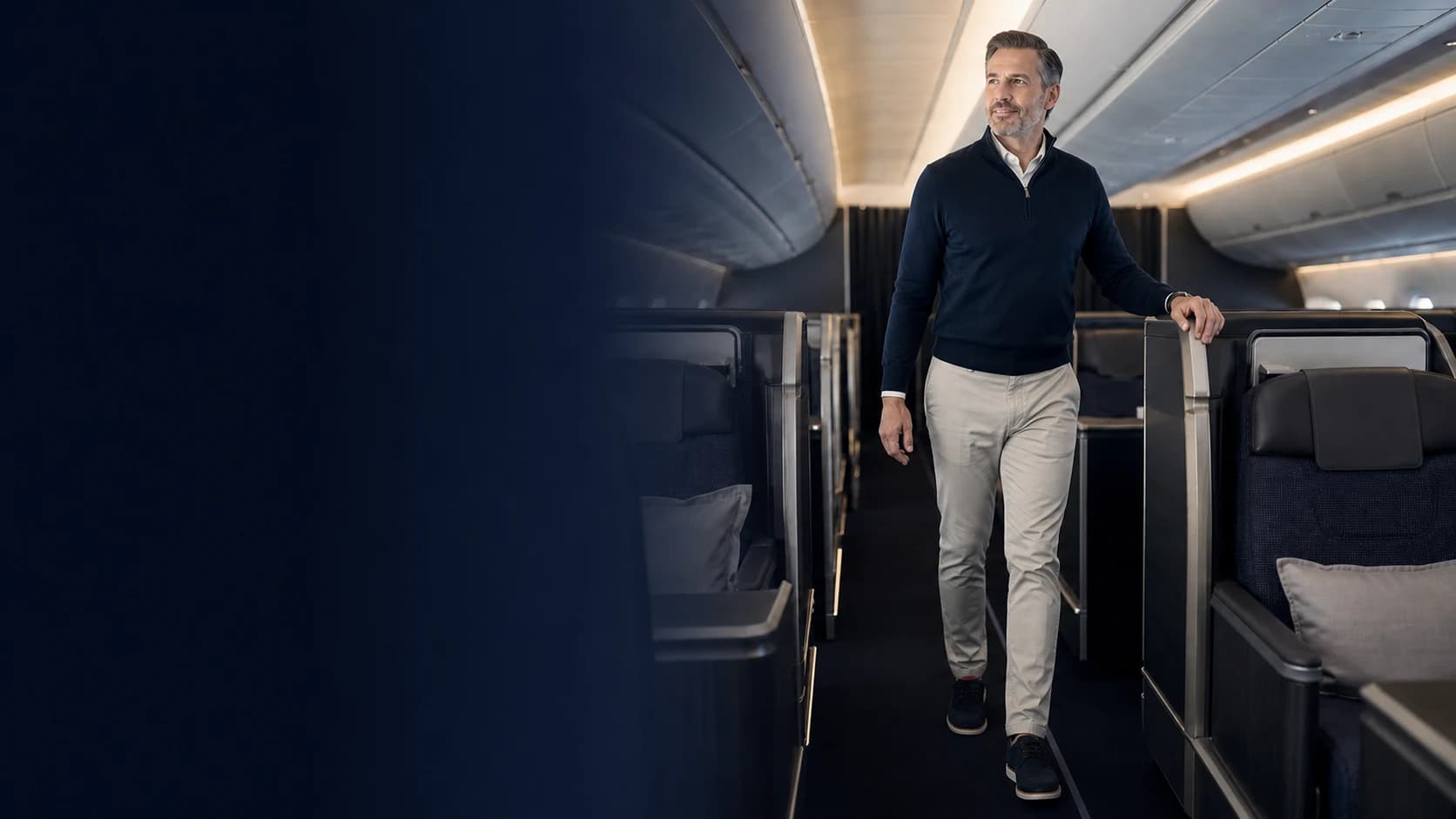 International patient moving comfortably in a spacious premium aircraft cabin