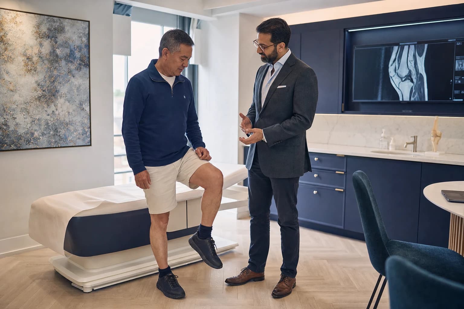 International patient having mobility reviewed with a clinician before travelling home