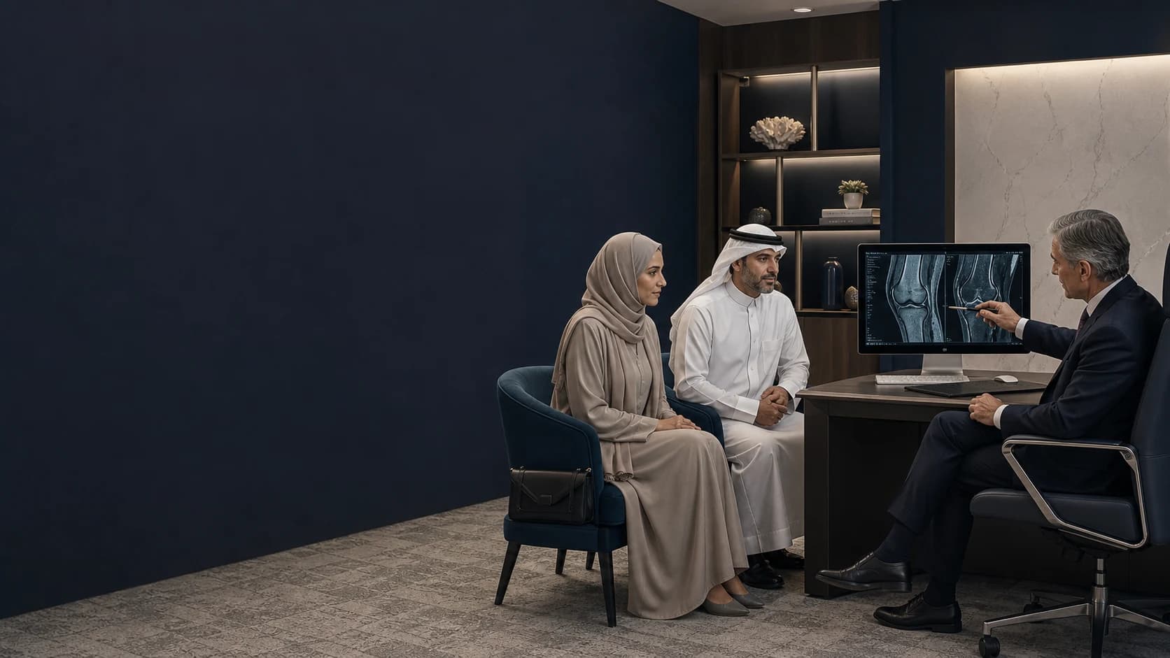 Kuwaiti patient and family member reviewing a knee MRI with a London specialist