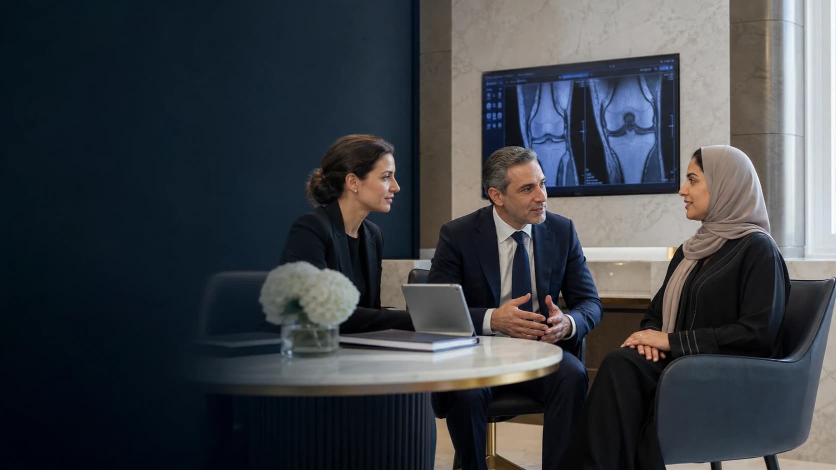 Saudi patient discussing knee imaging with a London orthopaedic team